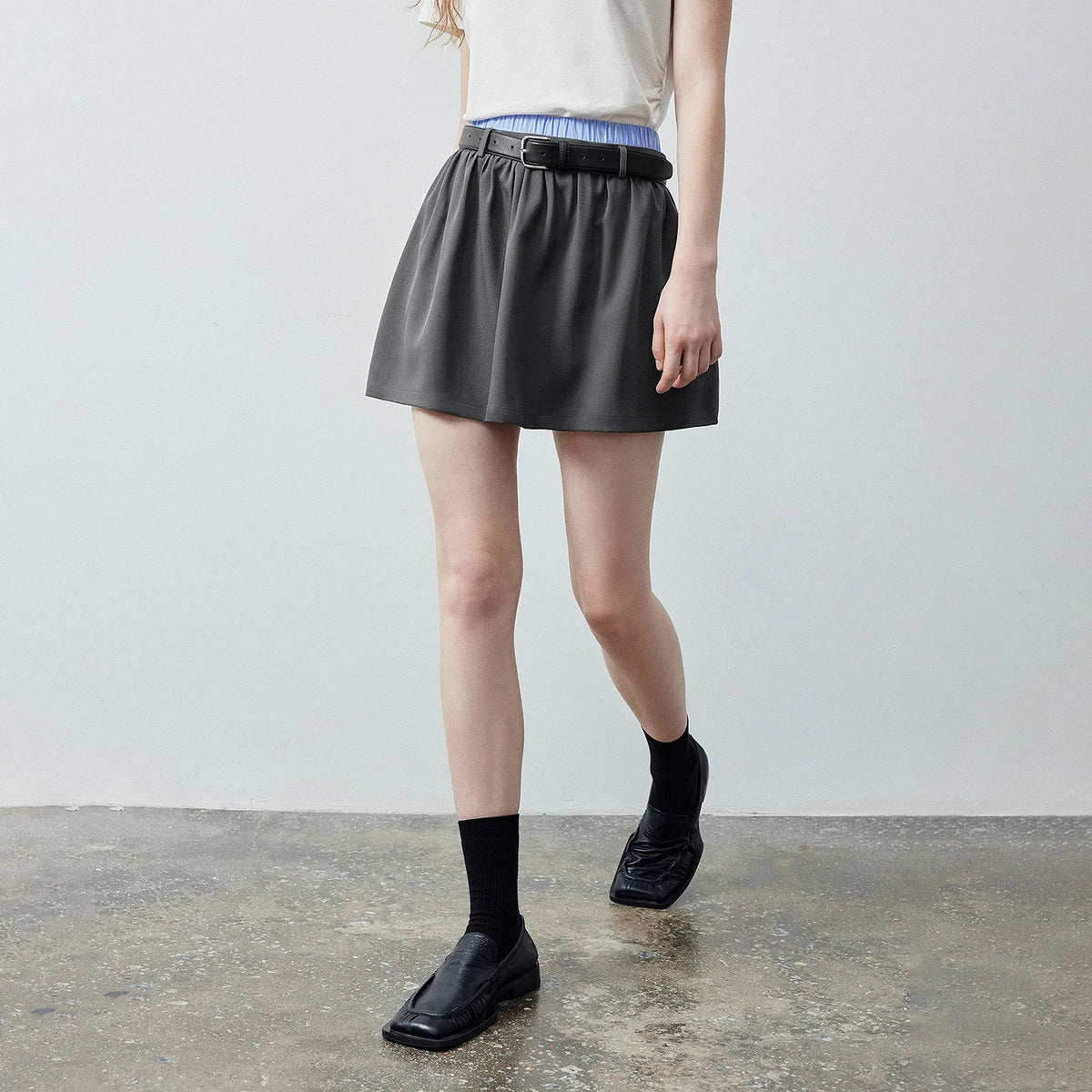 Layered-Waistband Flared Mini Skirt