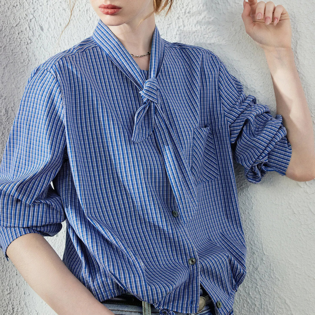 Checked Tie-Neck Blouse