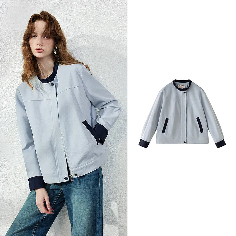 Contrast-Trim Stand-Collar Jacket