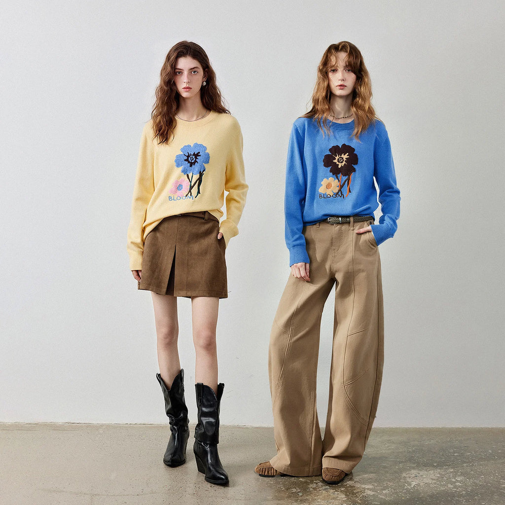 Flower-Motif Crewneck Sweater