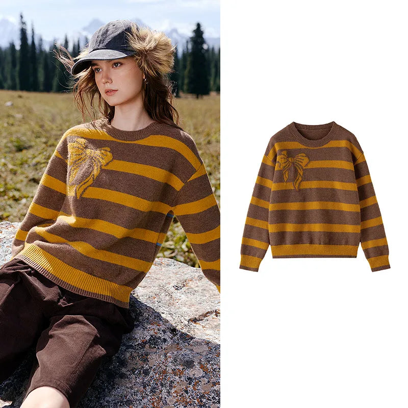 Bow-Motif Striped Knit Sweater