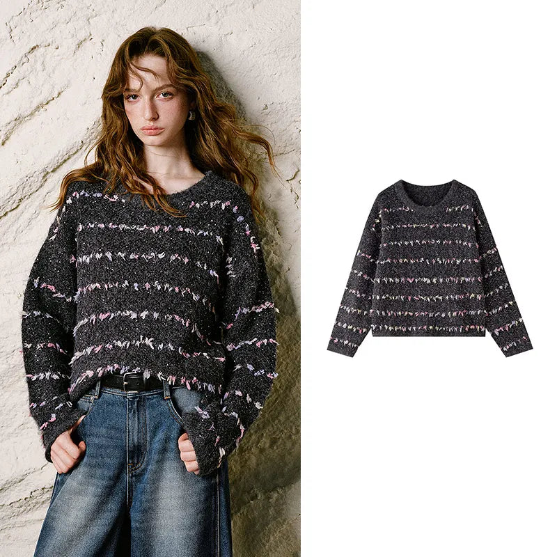 Striped Textured Crewneck Knit Top