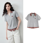 Layered-Look Plaid-Collar Polo Top