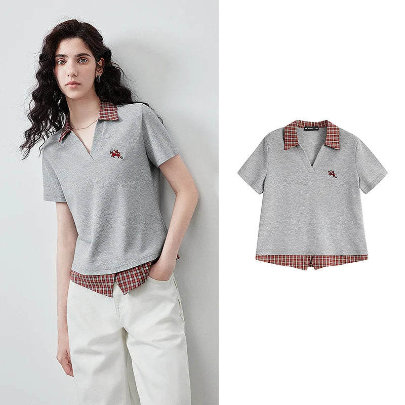 Layered-Look Plaid-Collar Polo Top