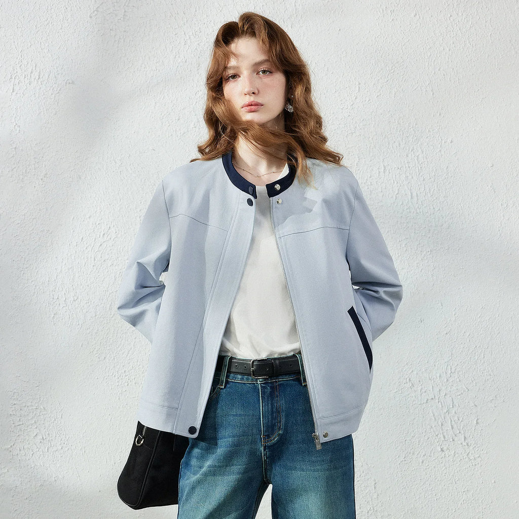 Contrast-Trim Stand-Collar Jacket