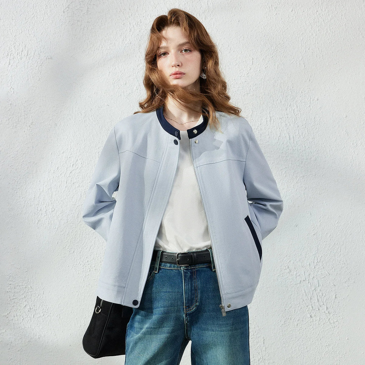 Contrast-Trim Stand-Collar Jacket