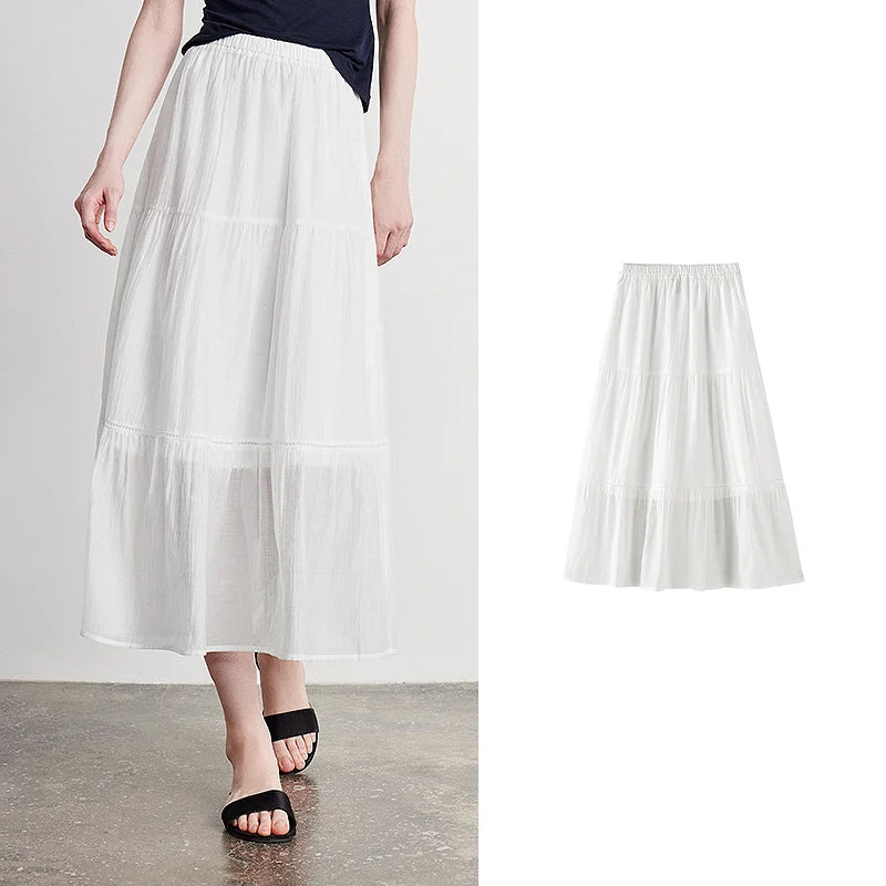 Tiered Elastic-Waist Midi Skirt