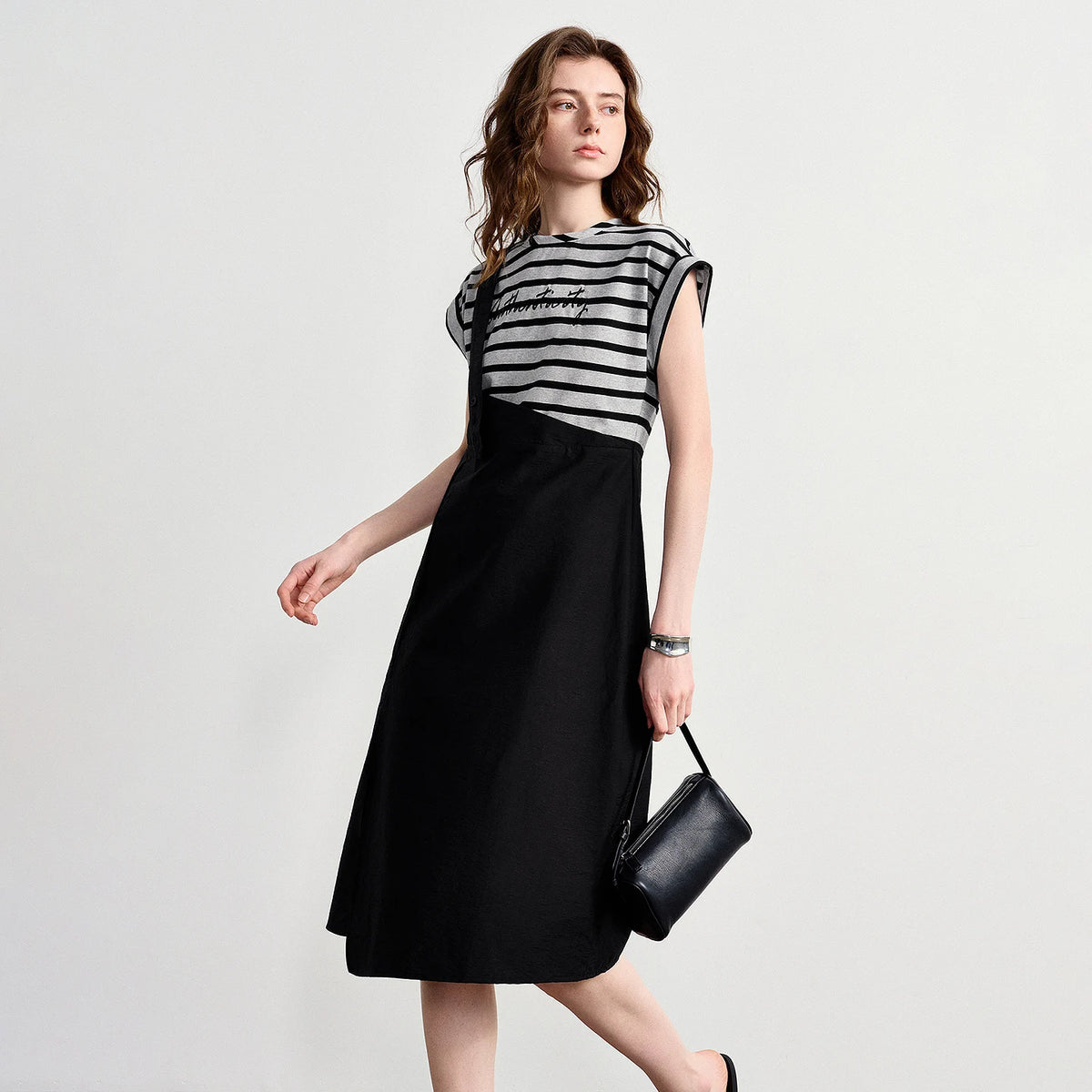 Layered-Look Striped Midi Dress