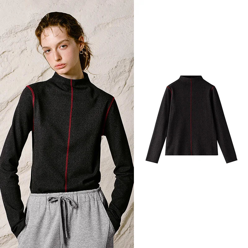 Contrast-Seam Mock-Neck Top