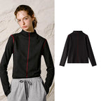 Contrast-Seam Mock-Neck Top