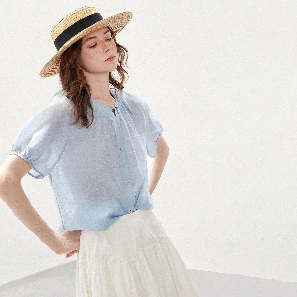 V-Neck Puff-Sleeve Blouse
