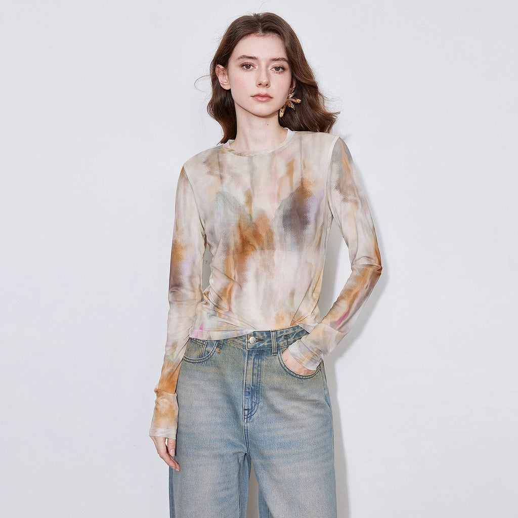 Abstract-Print Sheer Long-Sleeve Top