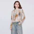 Abstract-Print Sheer Long-Sleeve Top