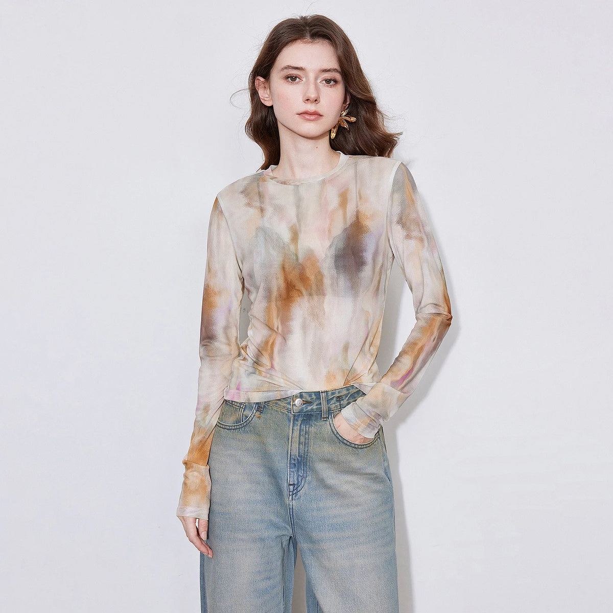 Abstract-Print Sheer Long-Sleeve Top