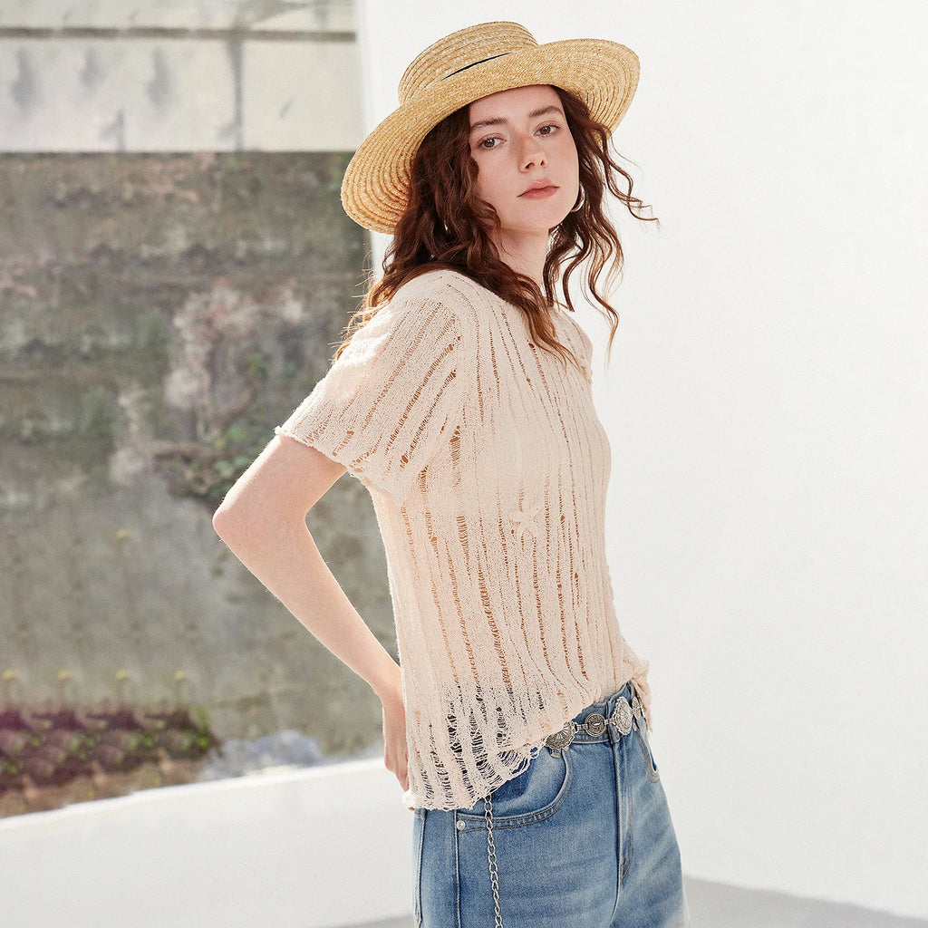Openwork Short-Sleeve Knit Top