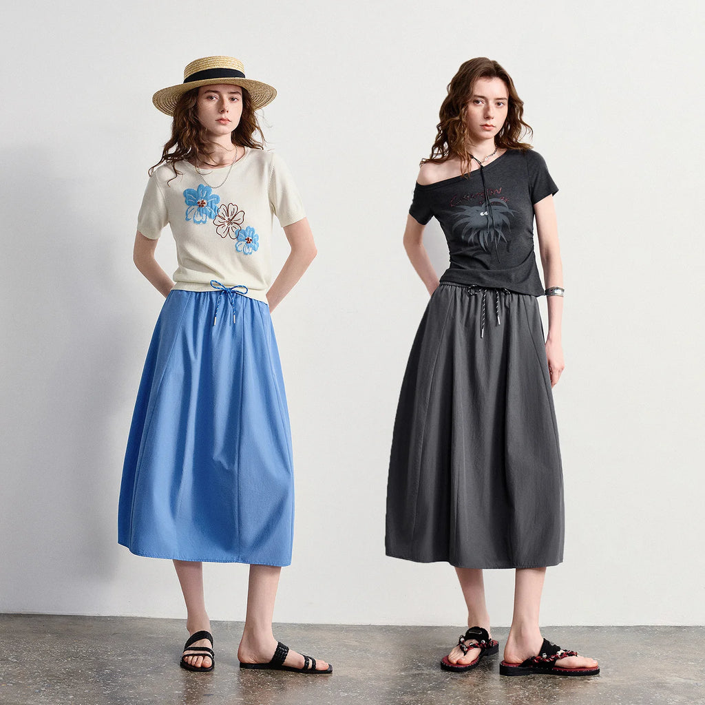 Drawstring A-Line Midi Skirt