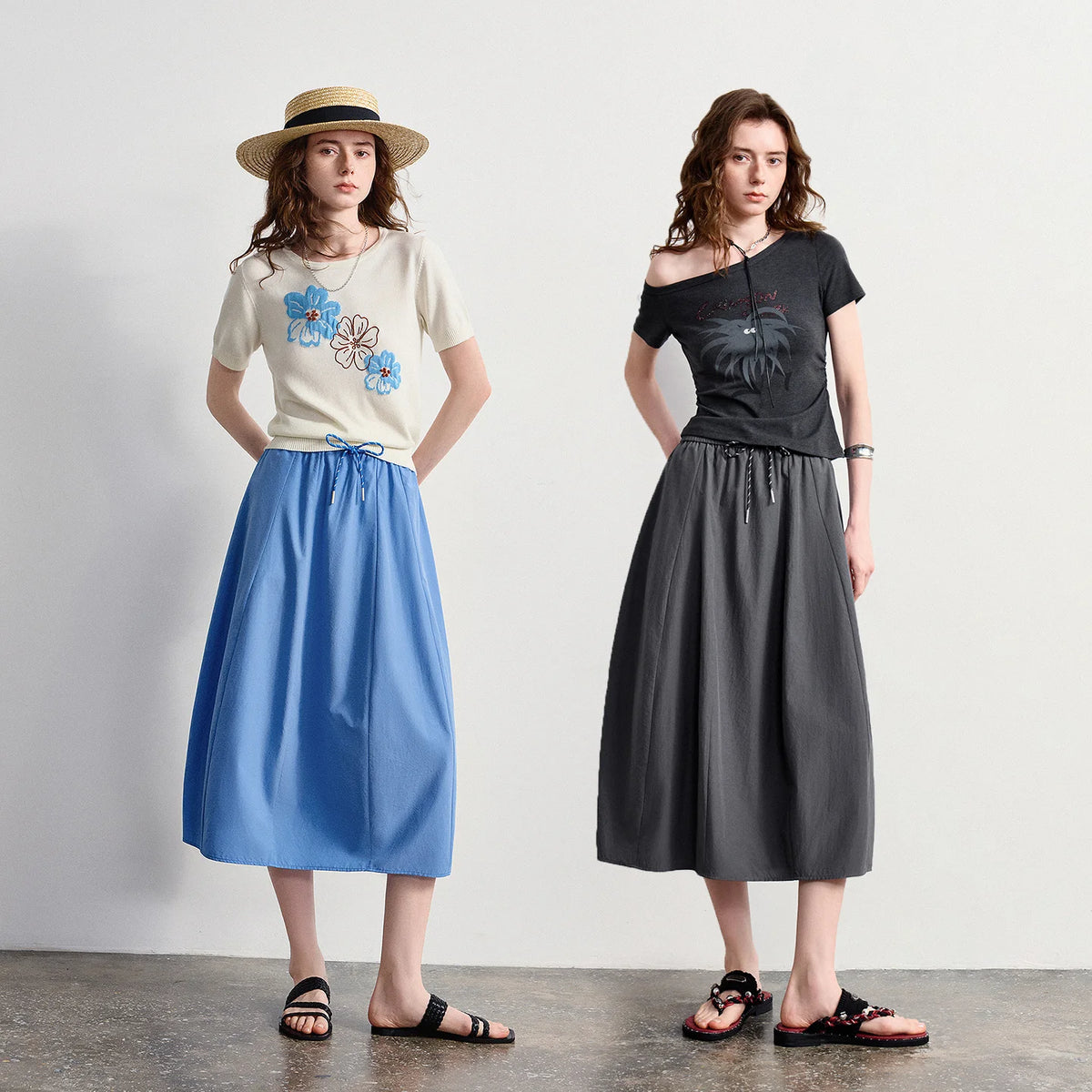 Drawstring A-Line Midi Skirt