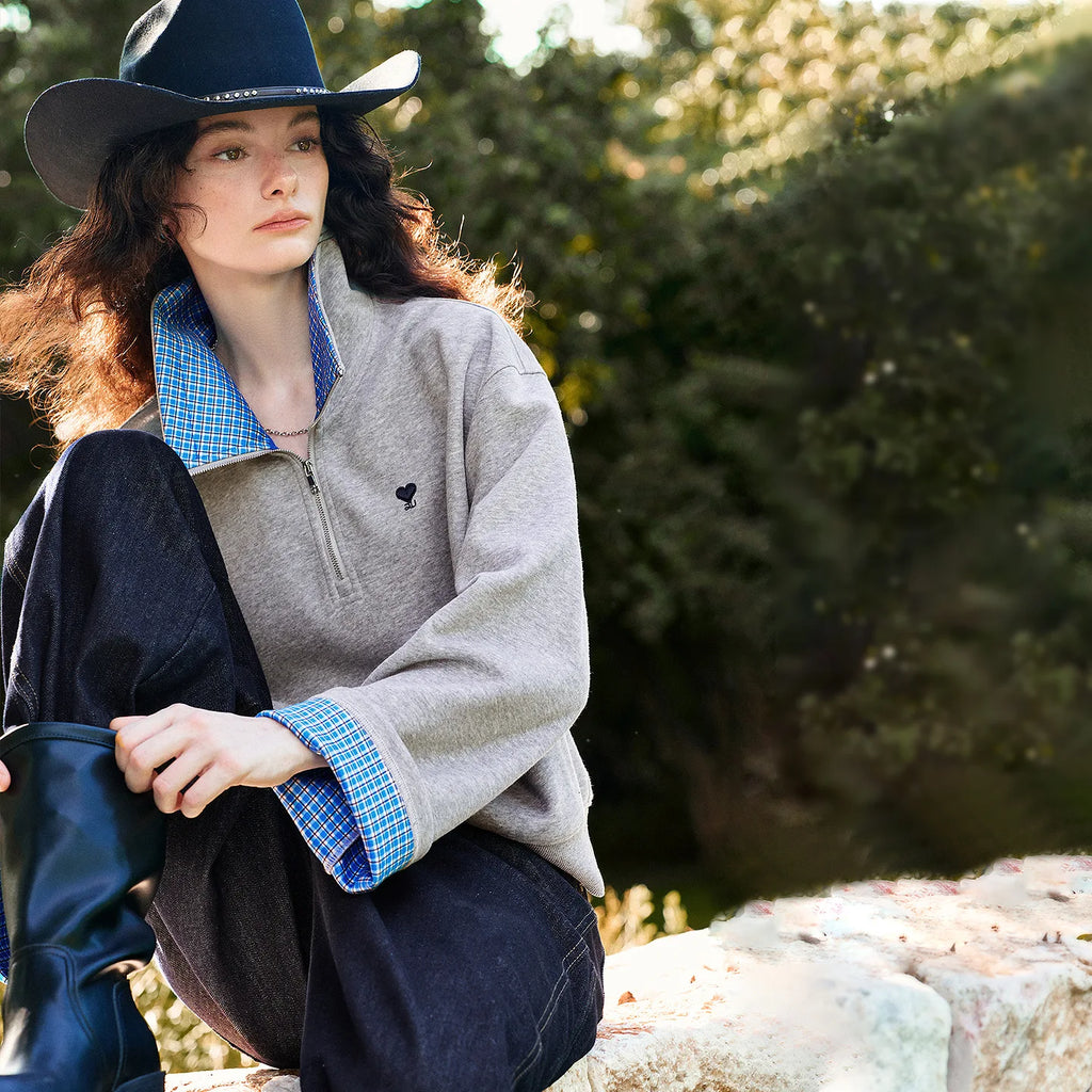 Gingham-Trim Half-Zip Sweatshirt