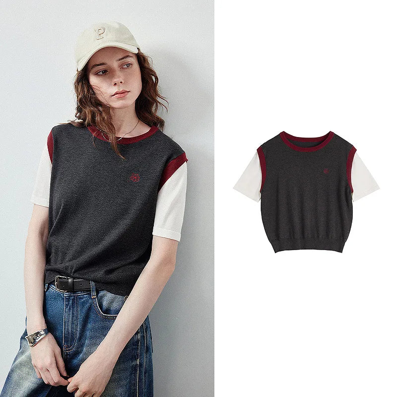 Layered-Look Contrast-Trim Knit Tee