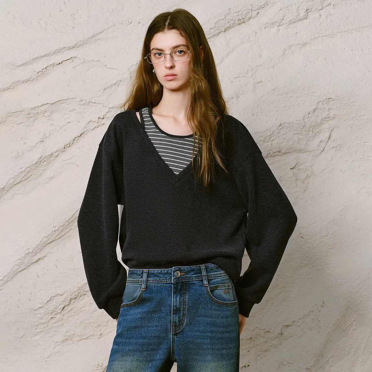 Layered-Look V-Neck Sweatshirt