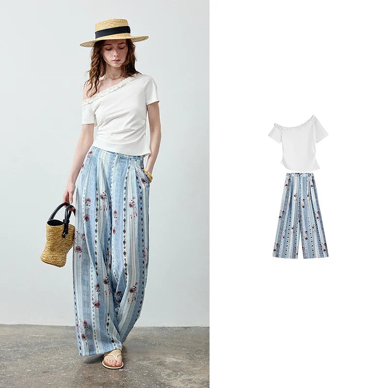 Off-Shoulder Top and Printed Pants Set