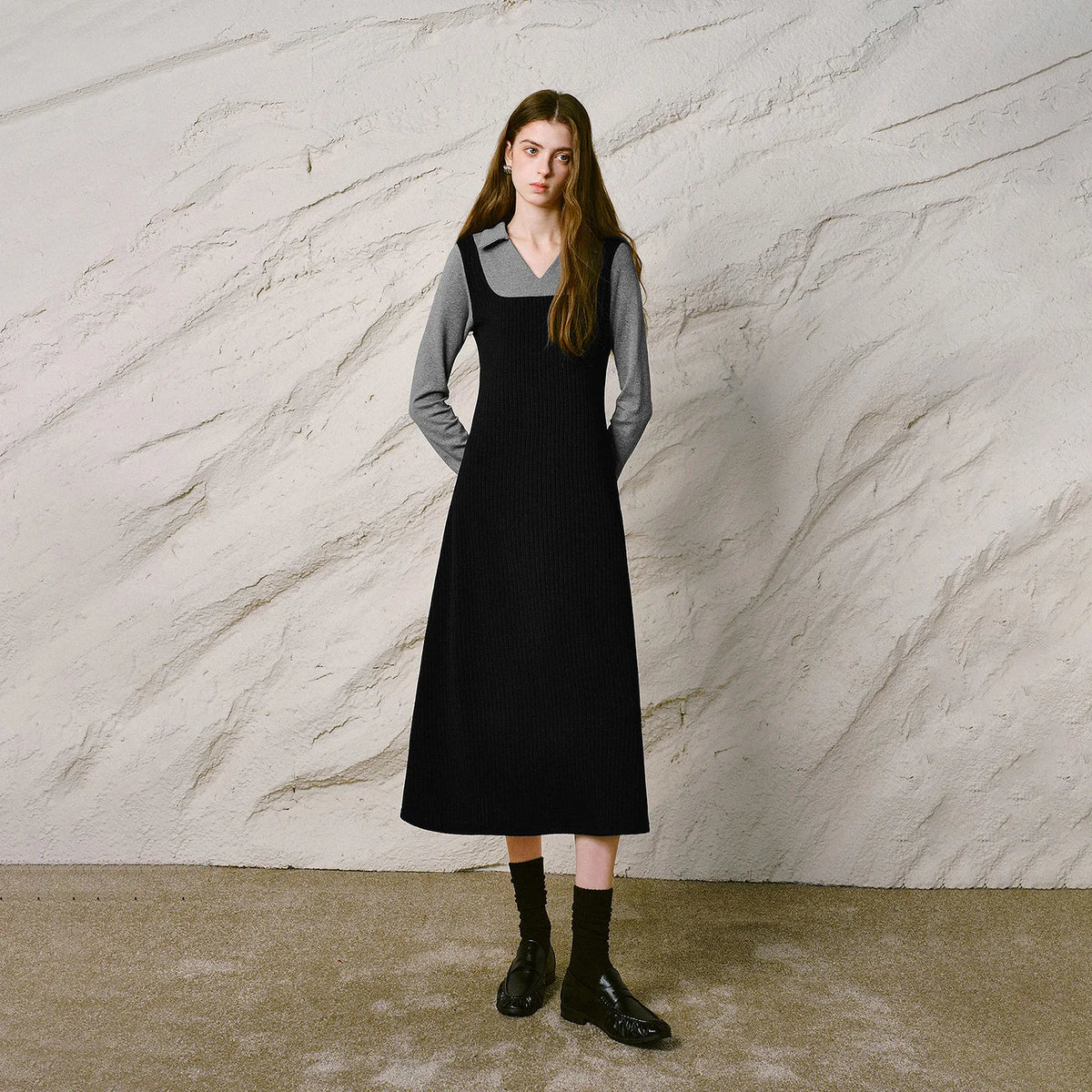 Square-Neck Midi Pinafore Dress