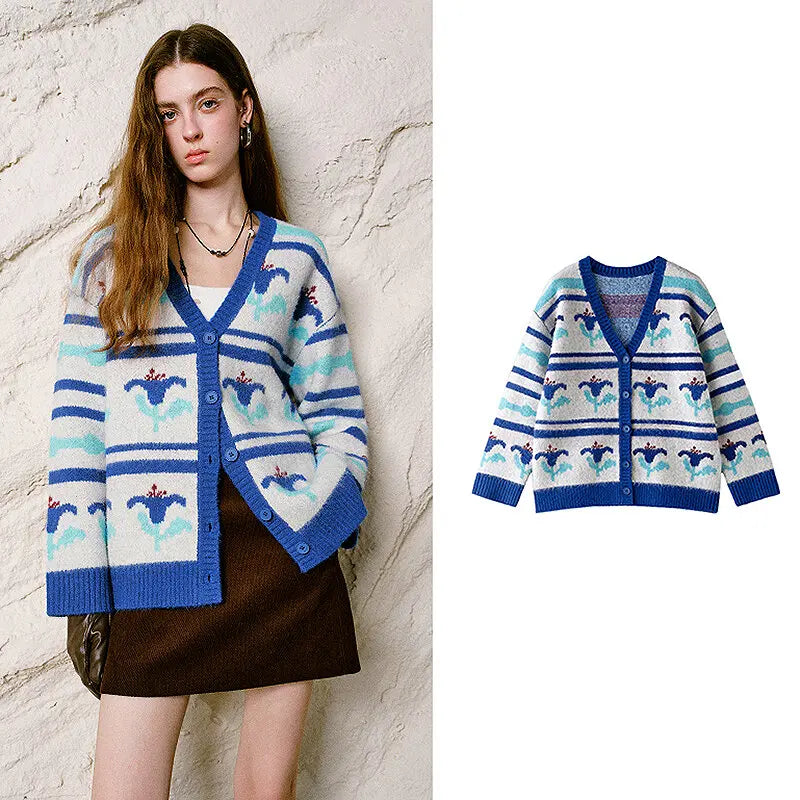 Floral Striped Knit Cardigan