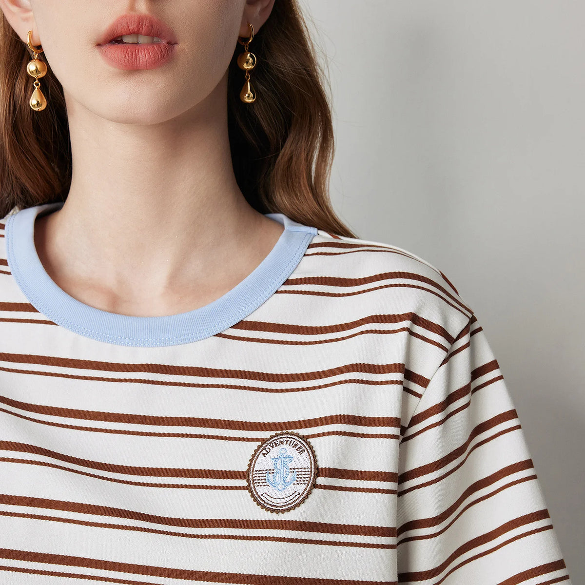 Striped Contrast-Neck Crewneck Tee