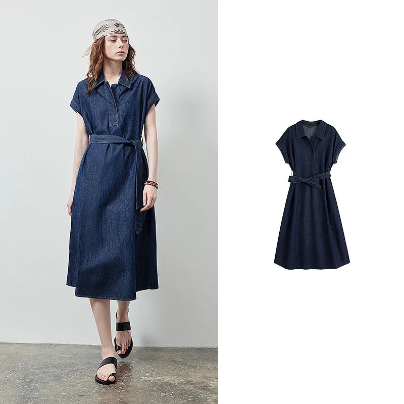 Belted Denim Midi Shirt Dress