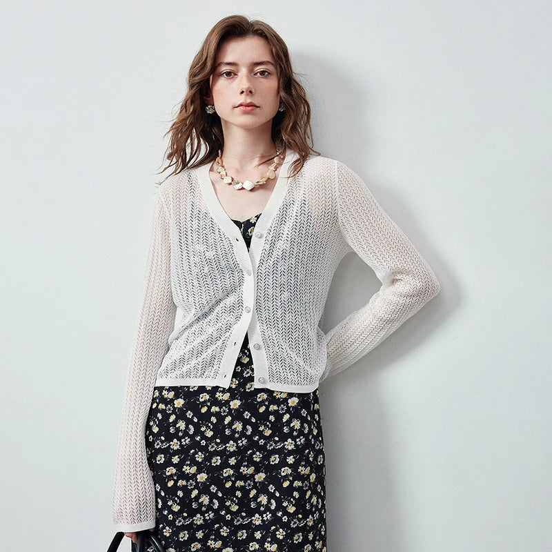 Sheer Textured V-Neck Cardigan