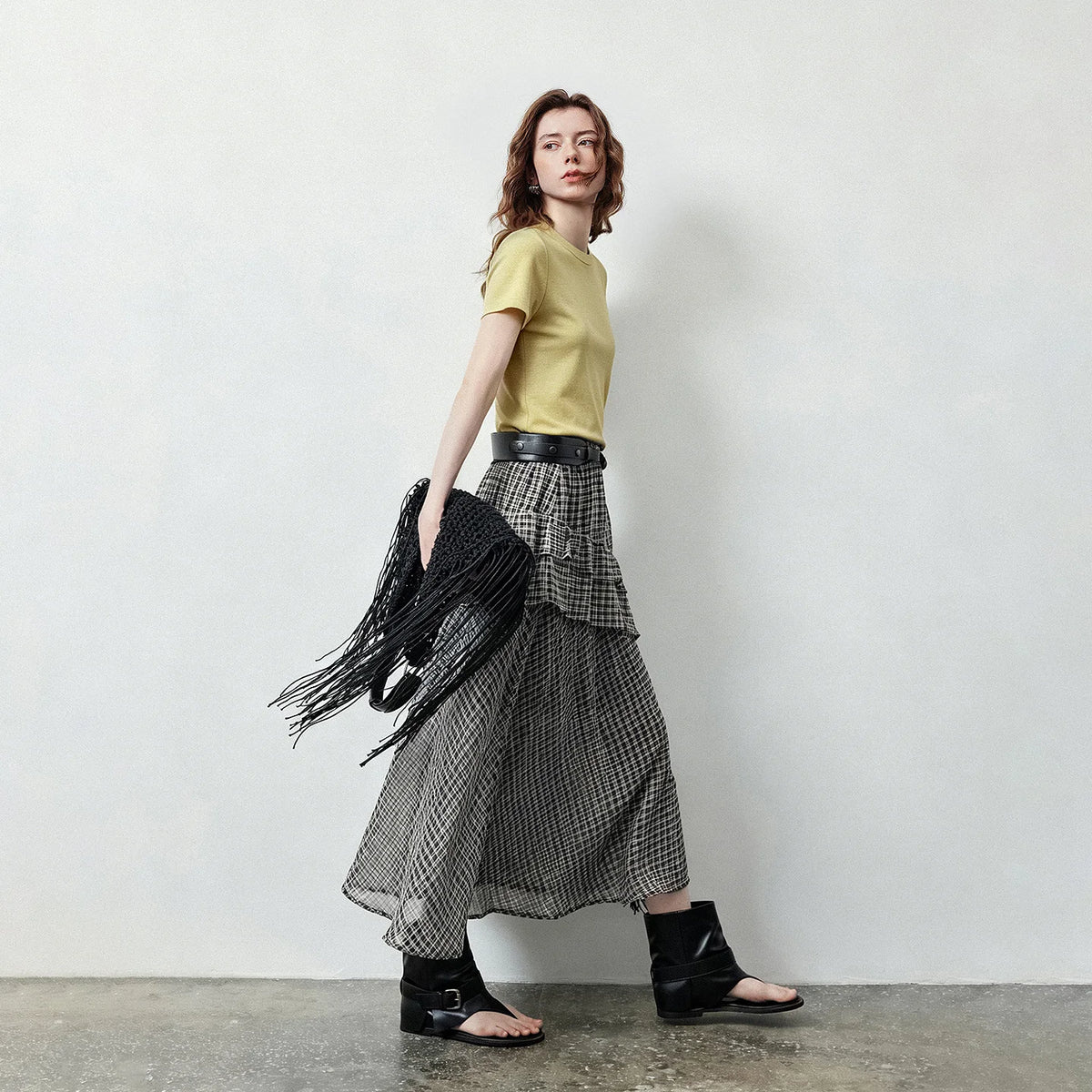 Gingham Tiered-Ruffle Midi Skirt
