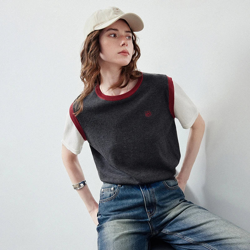 Layered-Look Contrast-Trim Knit Tee