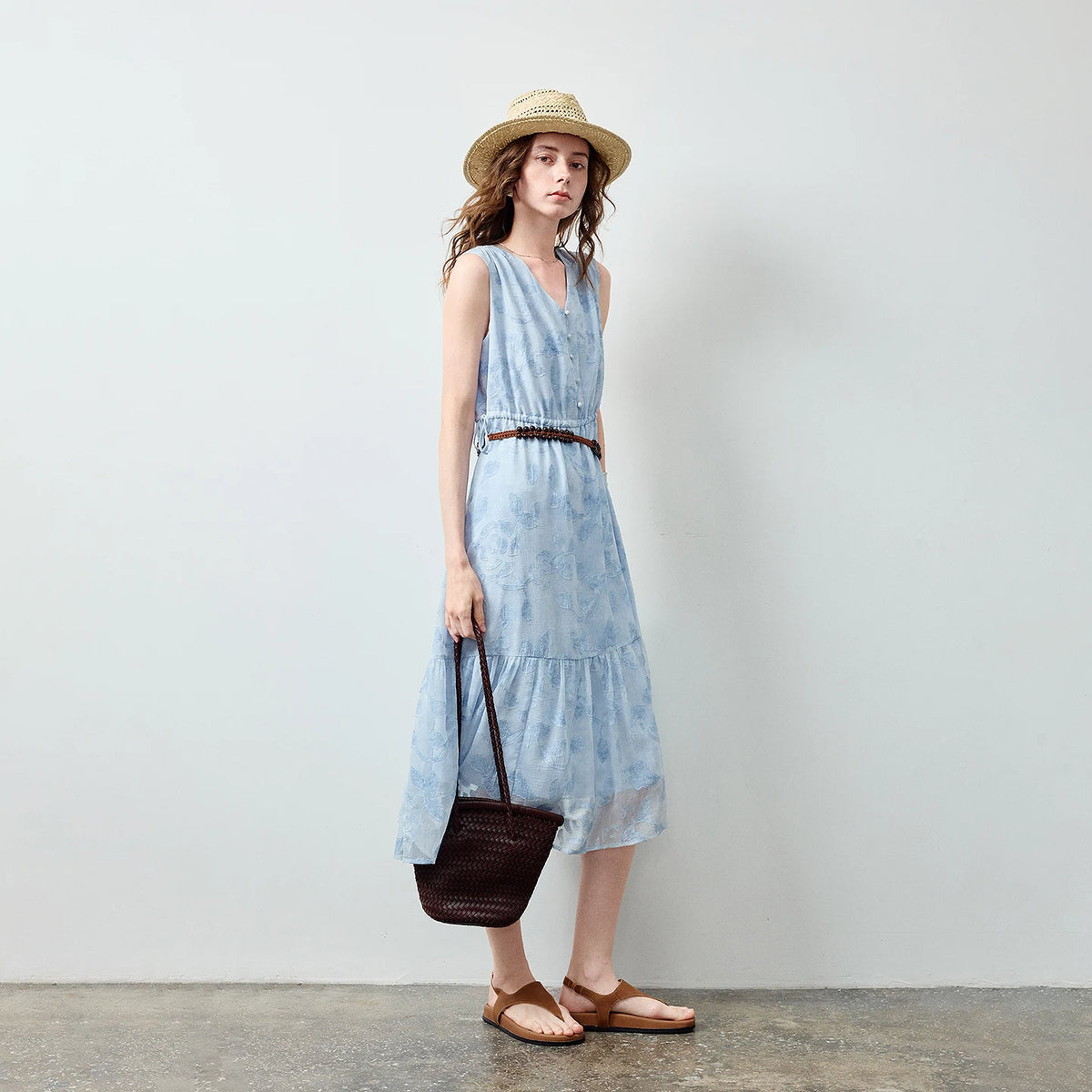 Textured V-Neck Tiered Midi Dress
