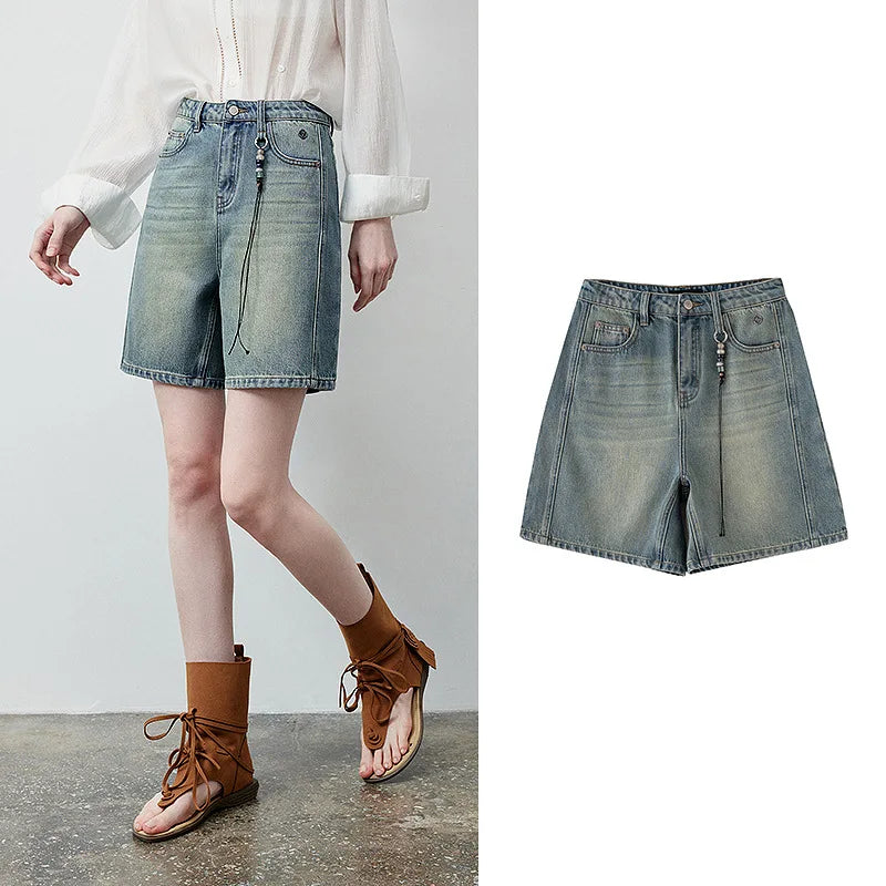 Seamed Wide-Leg Denim Shorts