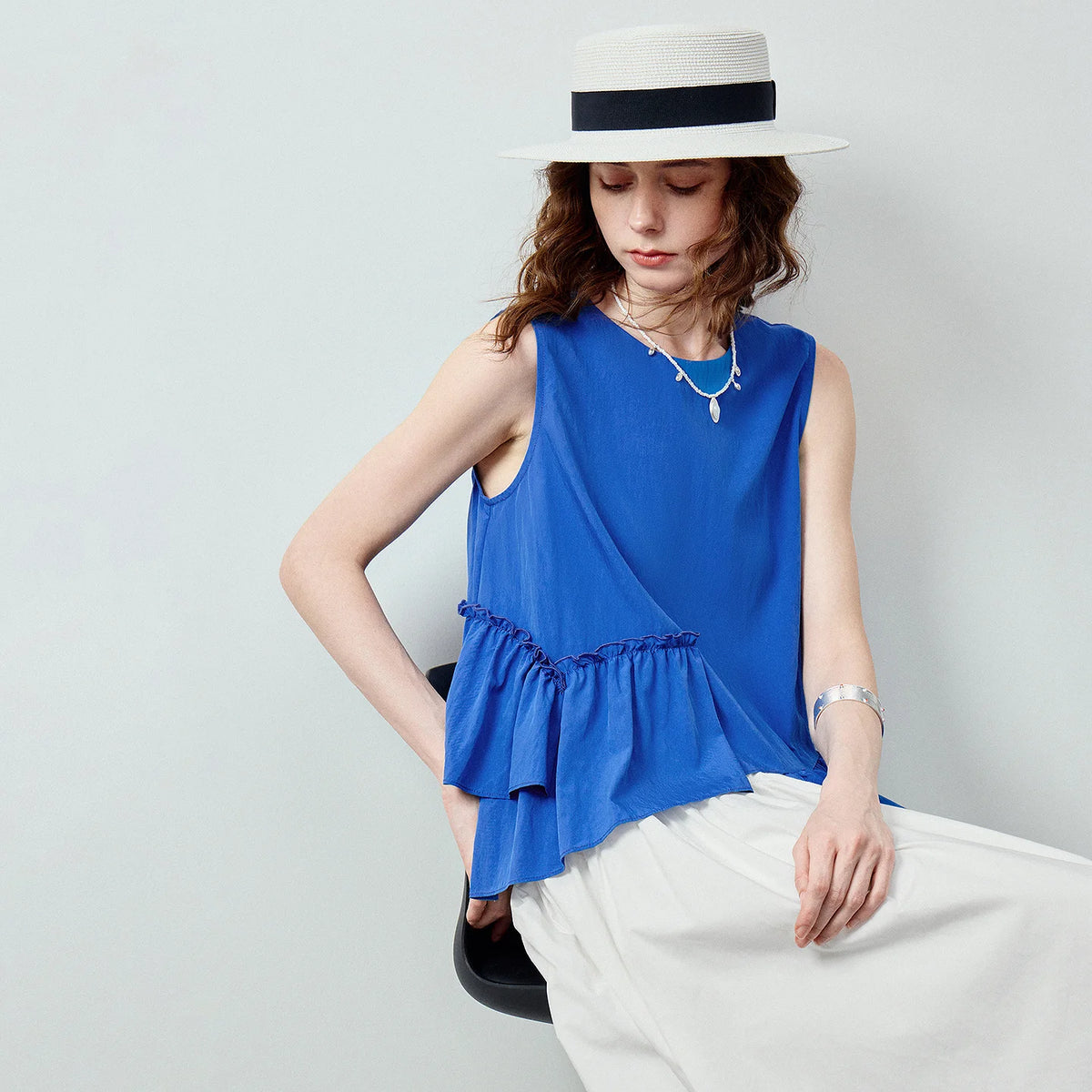 Asymmetric Ruffle-Hem Sleeveless Top