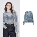 Abstract-Print Sheer Long-Sleeve Top