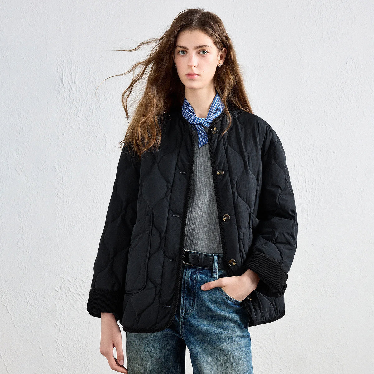 Collarless Quilted Jacket