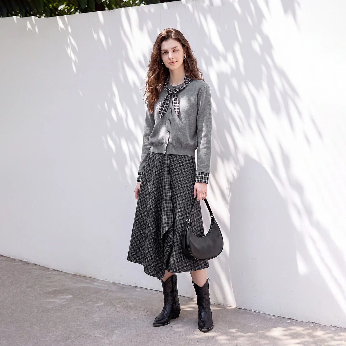 Cardigan and Plaid Skirt Set