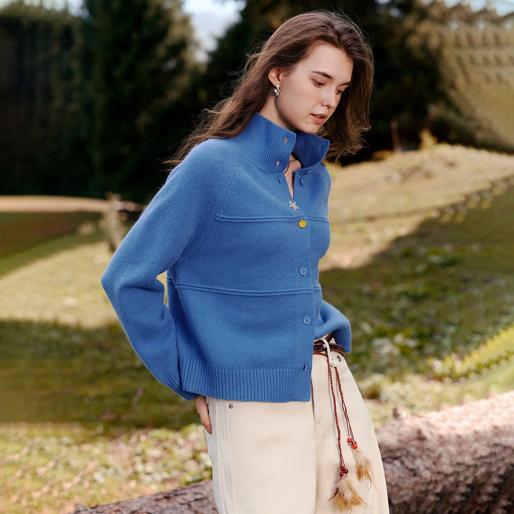 Contrast-Button Stand-Collar Cardigan