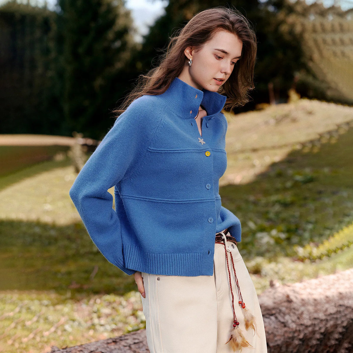 Contrast-Button Stand-Collar Cardigan