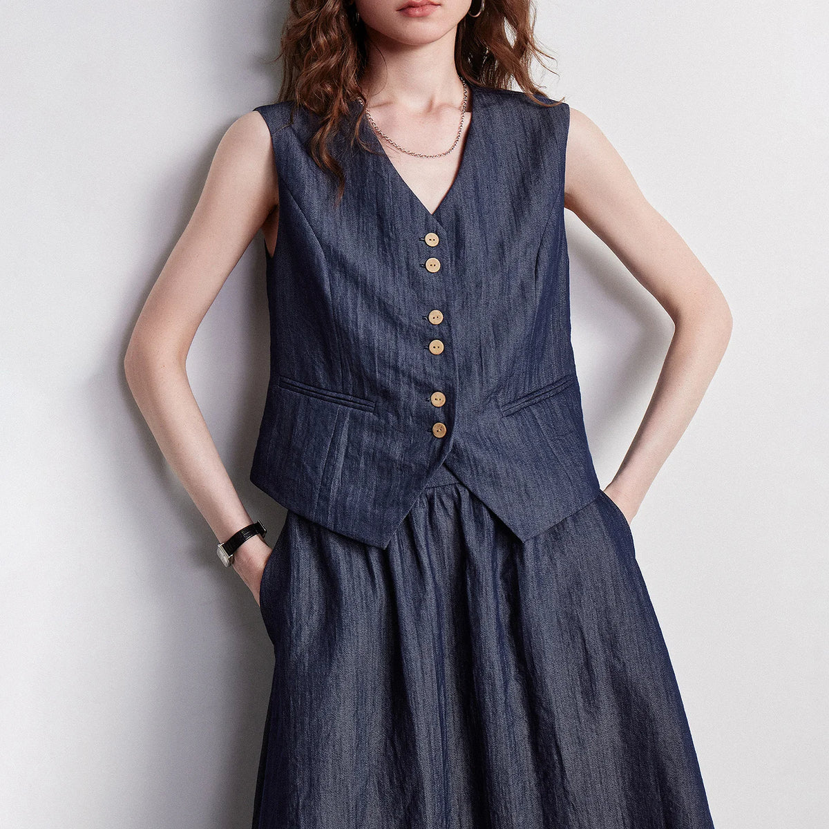 Button-Front Vest and Midi Skirt Set