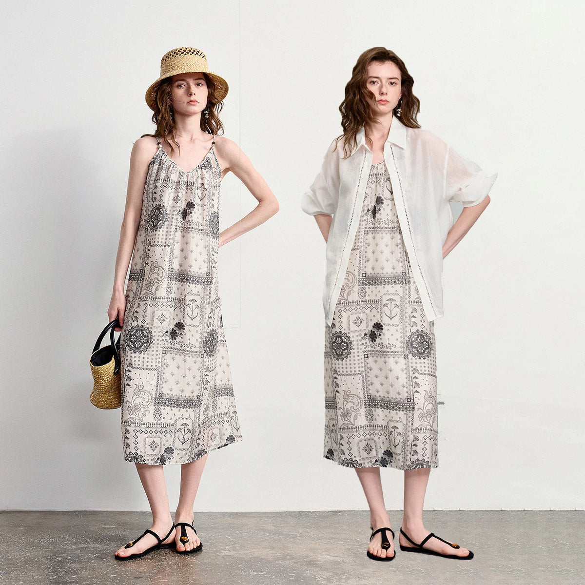 Patchwork-Print Sleeveless Midi Dress