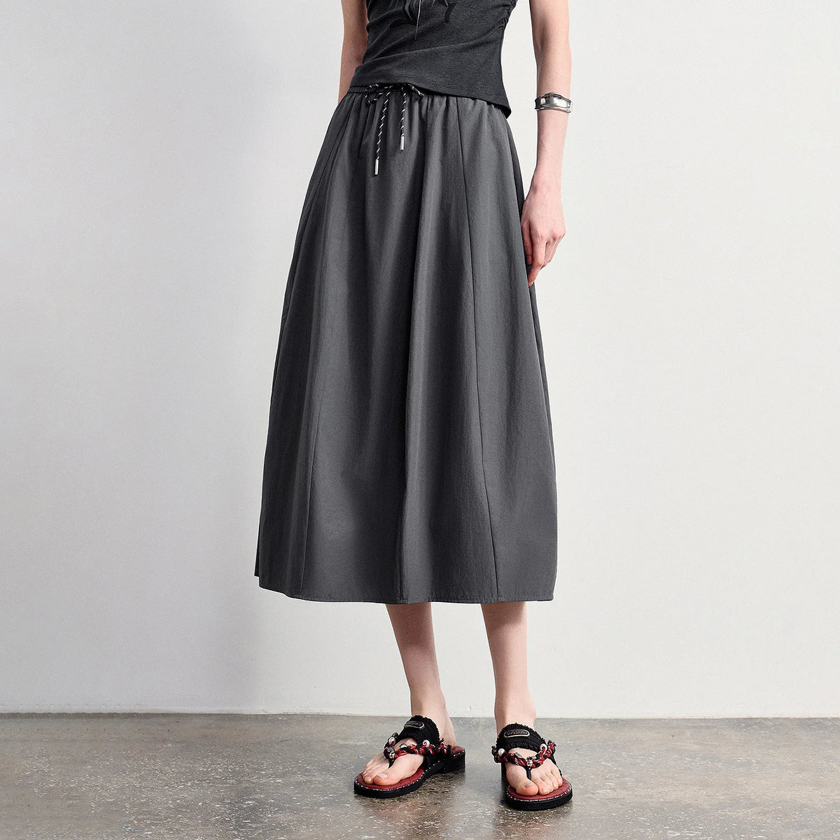 Drawstring A-Line Midi Skirt