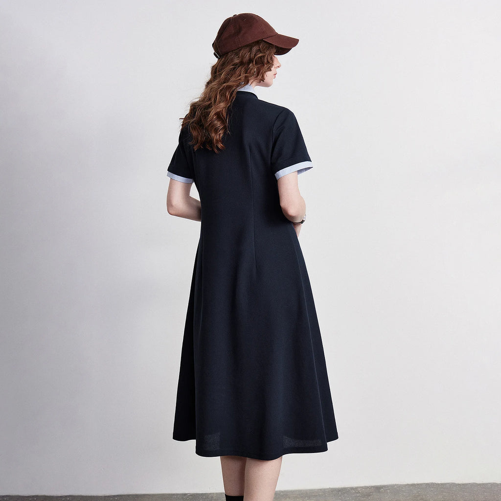 Contrast-Trim Midi Polo Dress