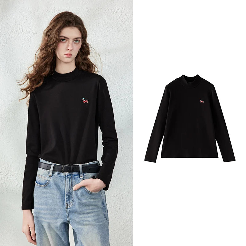 Dog-Detail Mock-Neck Long-Sleeve Tee