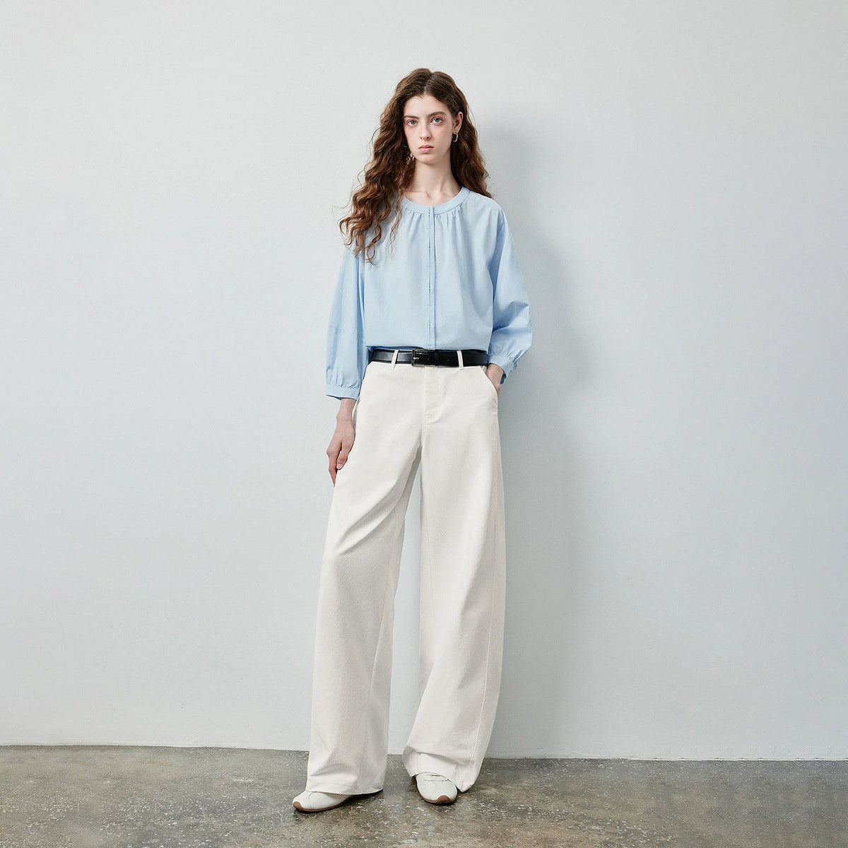 Gathered-Neck High-Low Blouse