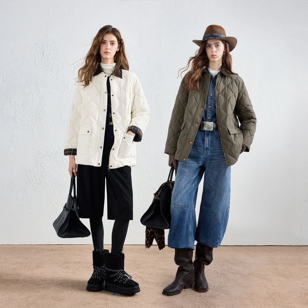 Diamond-Quilted Plaid-Trim Jacket