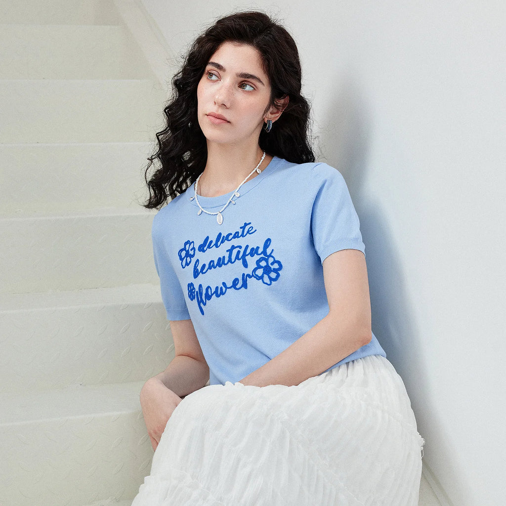 Floral Slogan Knit Top