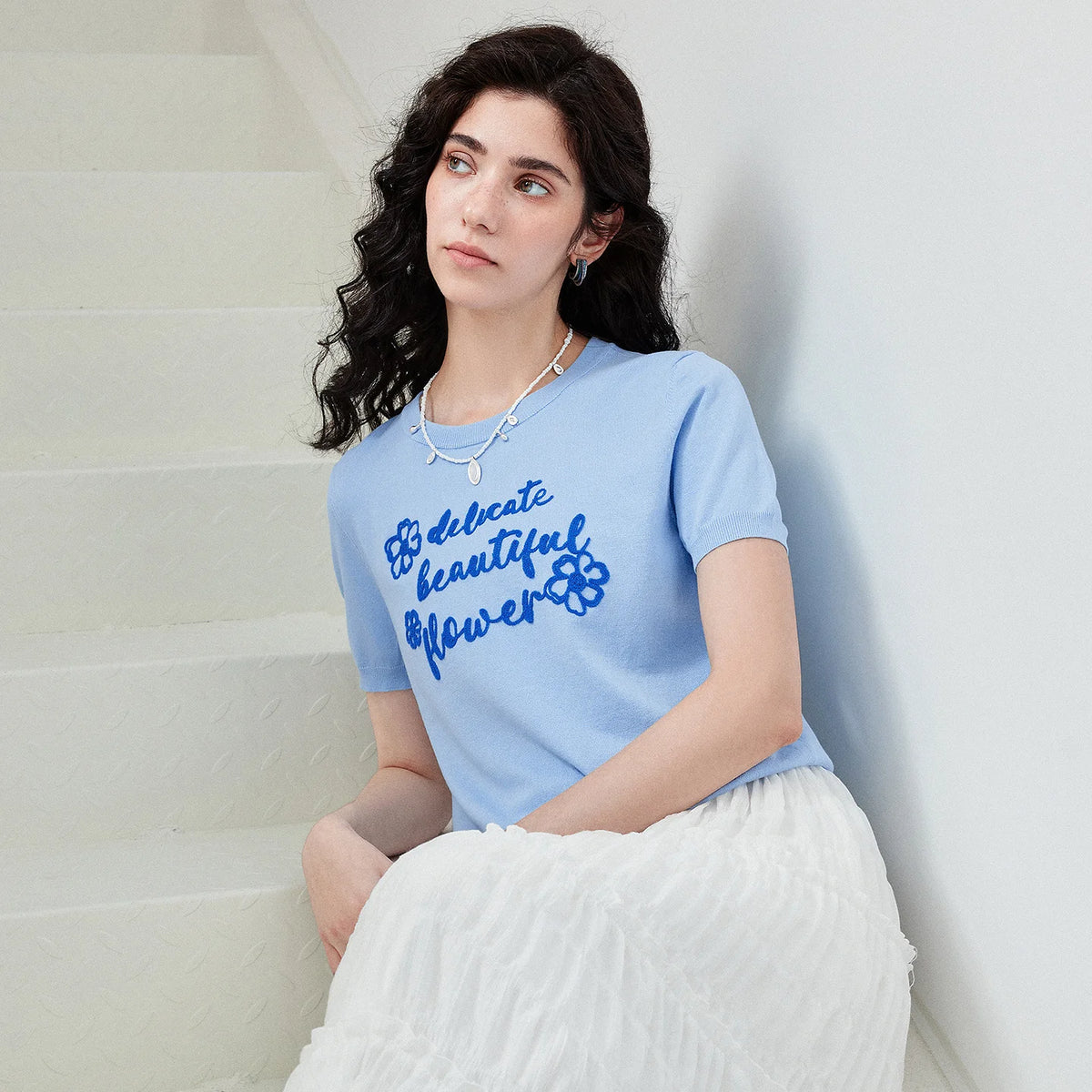 Floral Slogan Knit Top