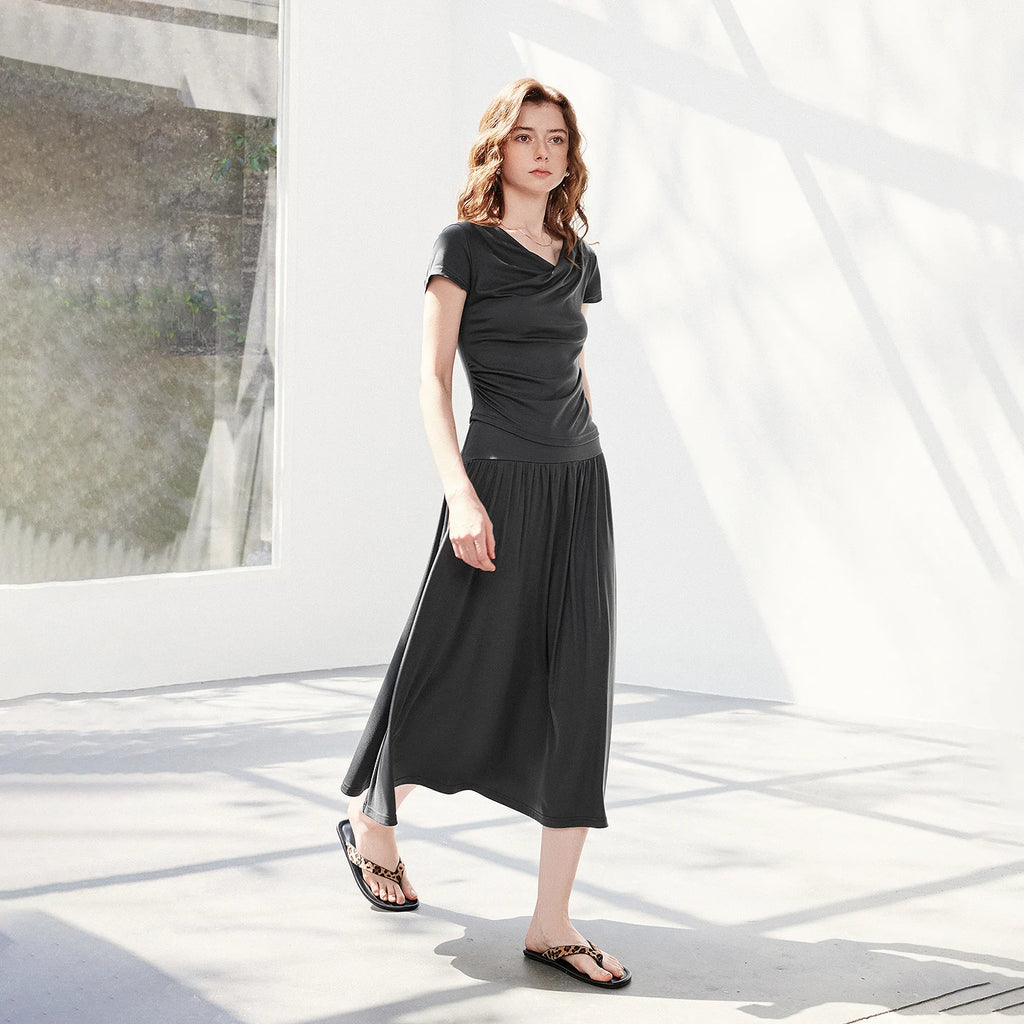 Draped Top and Midi Skirt Set